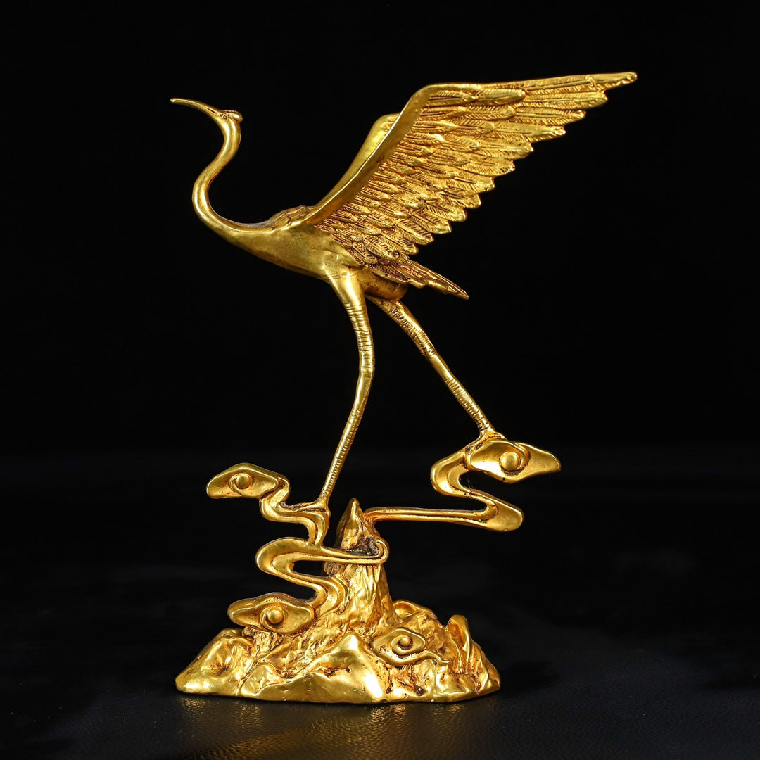 A0650 A Pair Vintage Chinese Gilt Gold Copper Crane Statues