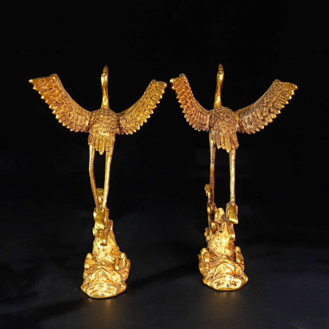 A0650 A Pair Vintage Chinese Gilt Gold Copper Crane Statues