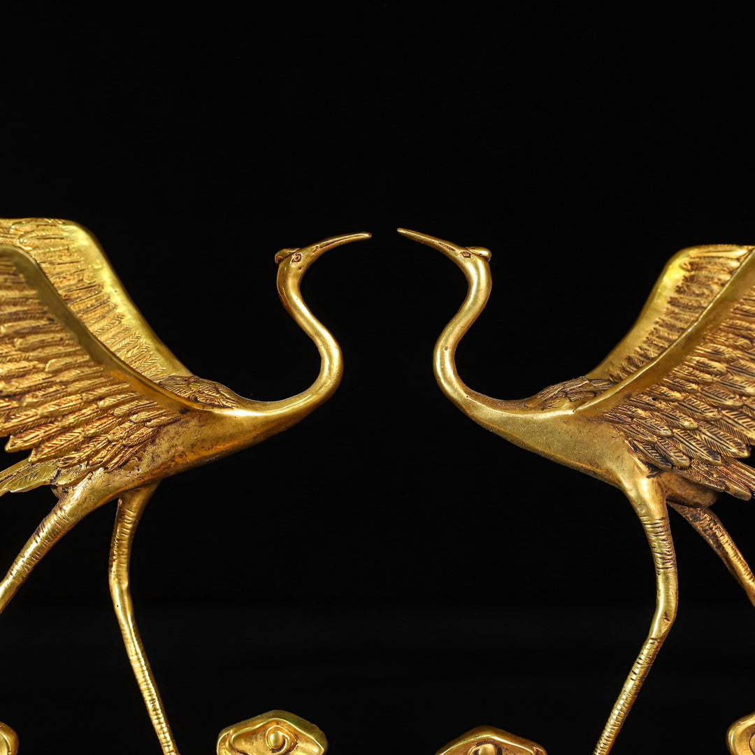 A0650 A Pair Vintage Chinese Gilt Gold Copper Crane Statues