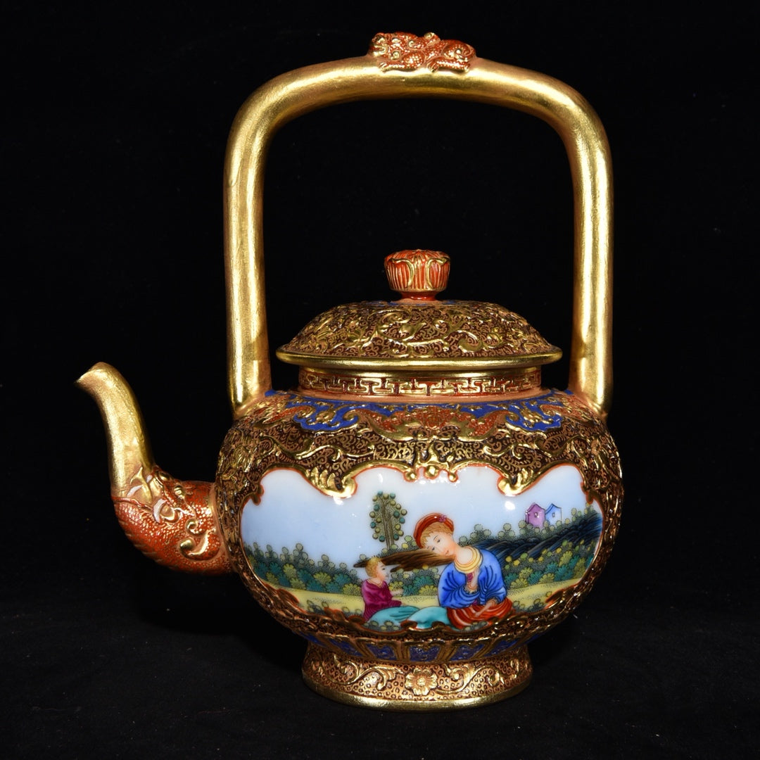 A0654 Chinese Gilt Gold Famille Rose Enamel Beautiful Woman Design Porcelain Handle Teapot