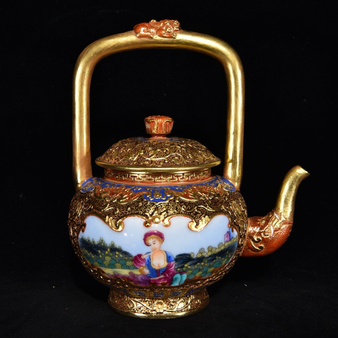 A0654 Chinese Gilt Gold Famille Rose Enamel Beautiful Woman Design Porcelain Handle Teapot