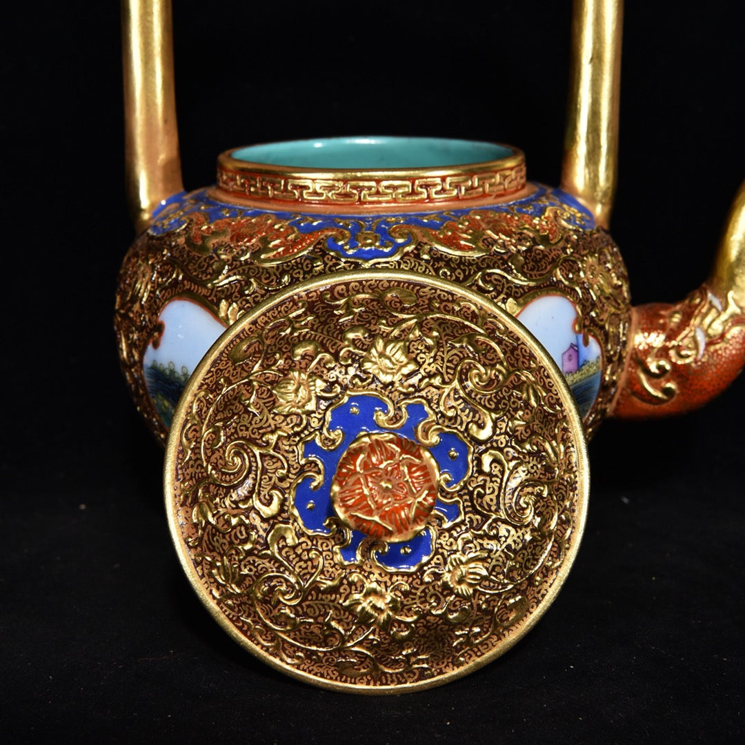 A0654 Chinese Gilt Gold Famille Rose Enamel Beautiful Woman Design Porcelain Handle Teapot