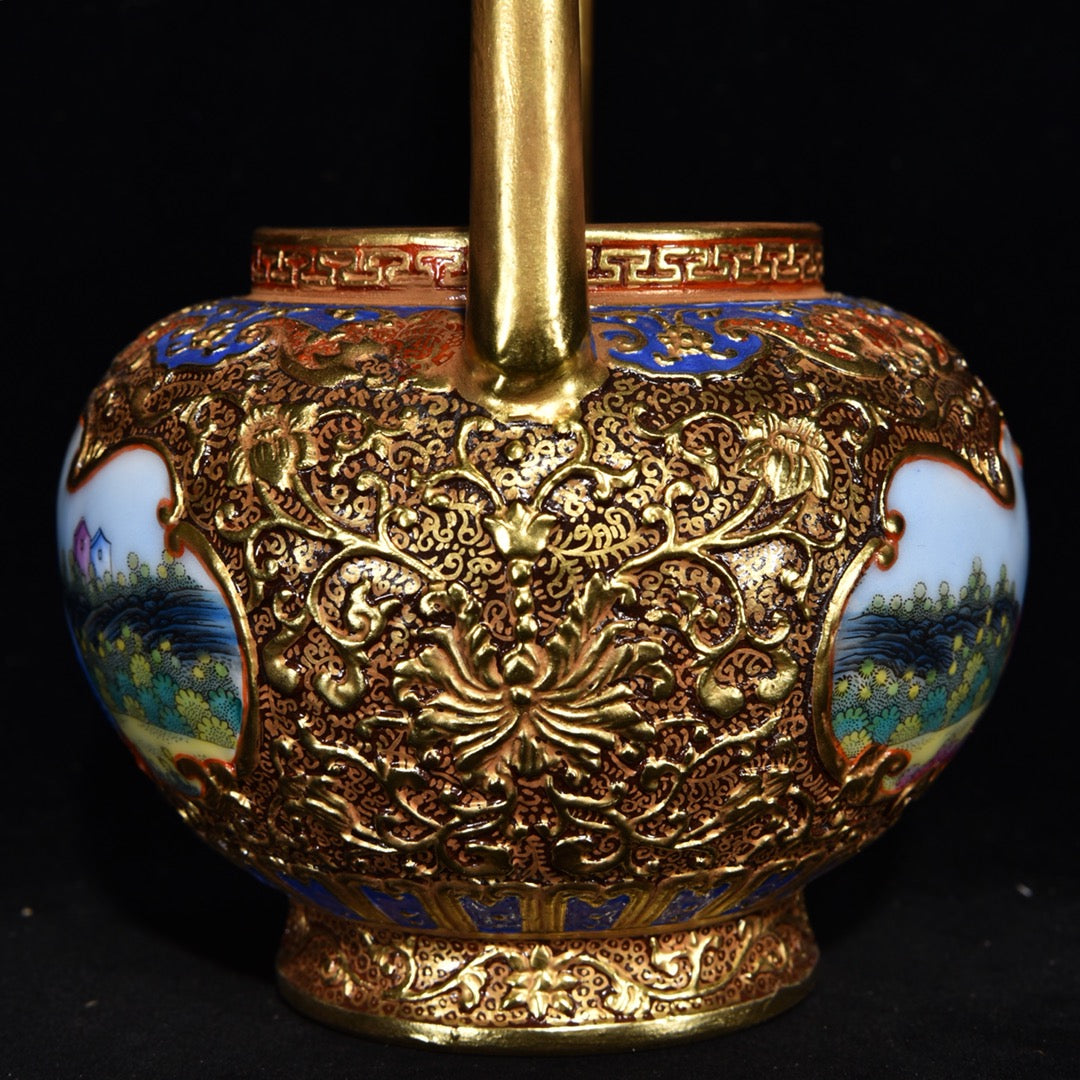 A0654 Chinese Gilt Gold Famille Rose Enamel Beautiful Woman Design Porcelain Handle Teapot