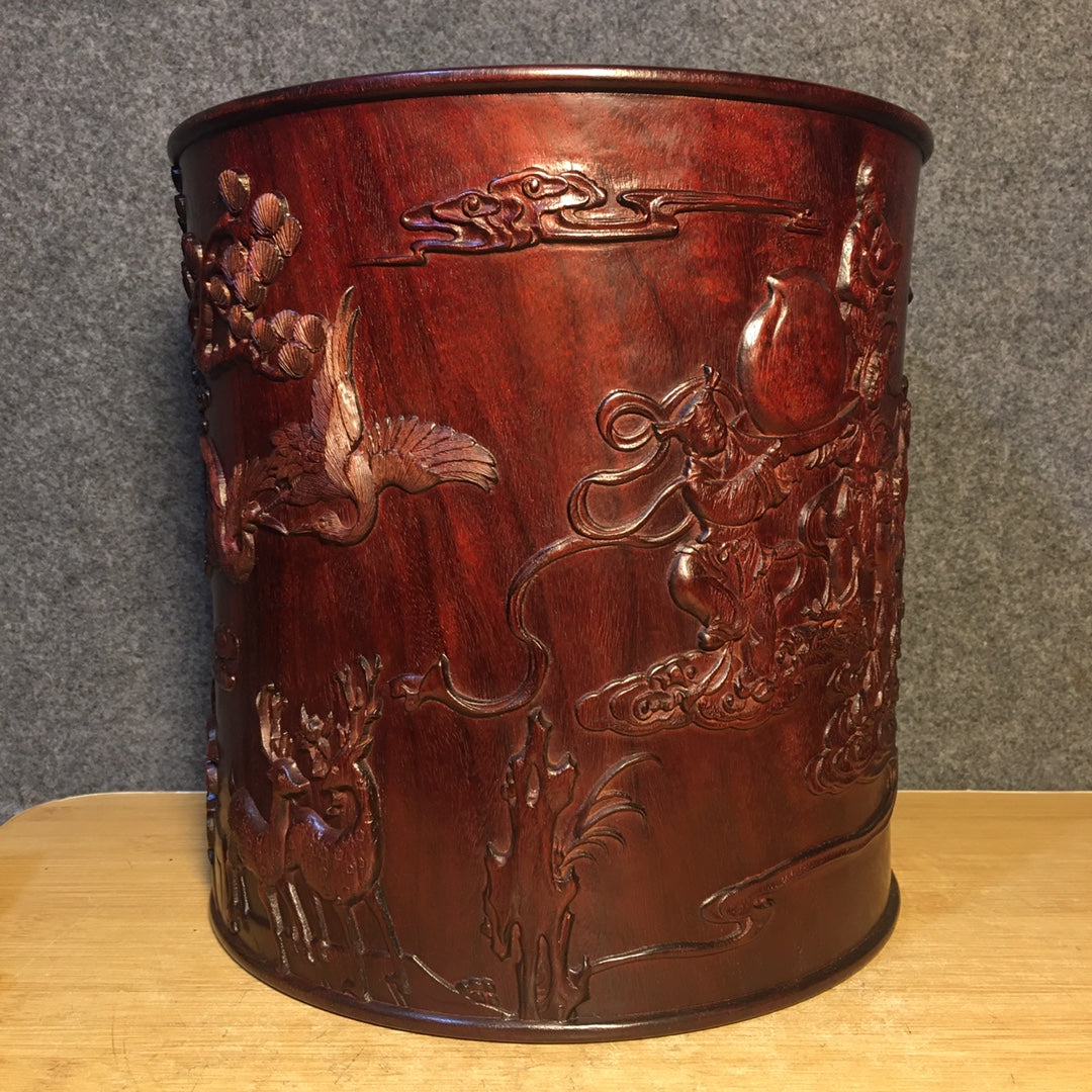 A0664 Vintage Chinese Huanghuali Wood Low Relief Figures Design Brush Pot