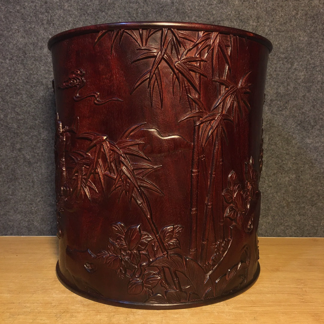 A0664 Vintage Chinese Huanghuali Wood Low Relief Figures Design Brush Pot