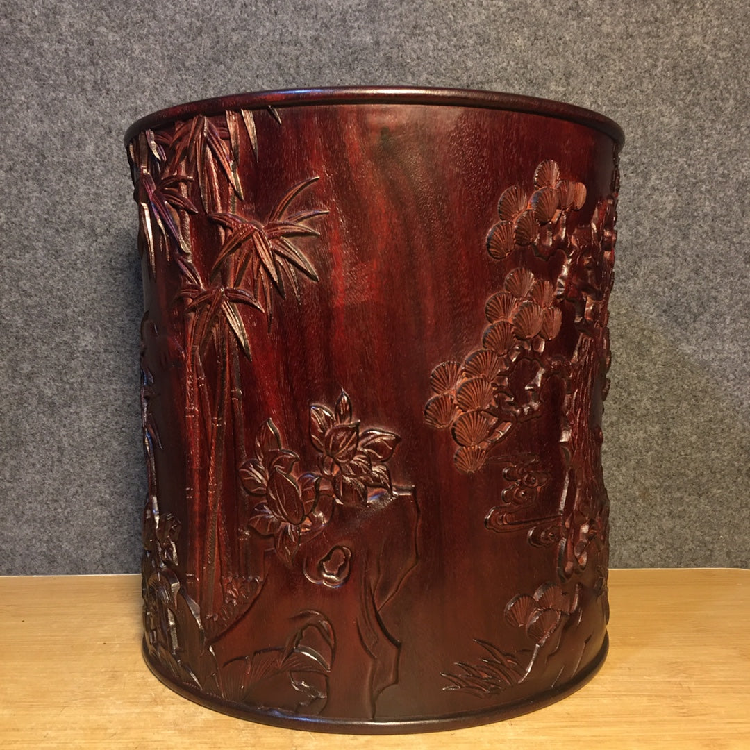 A0664 Vintage Chinese Huanghuali Wood Low Relief Figures Design Brush Pot