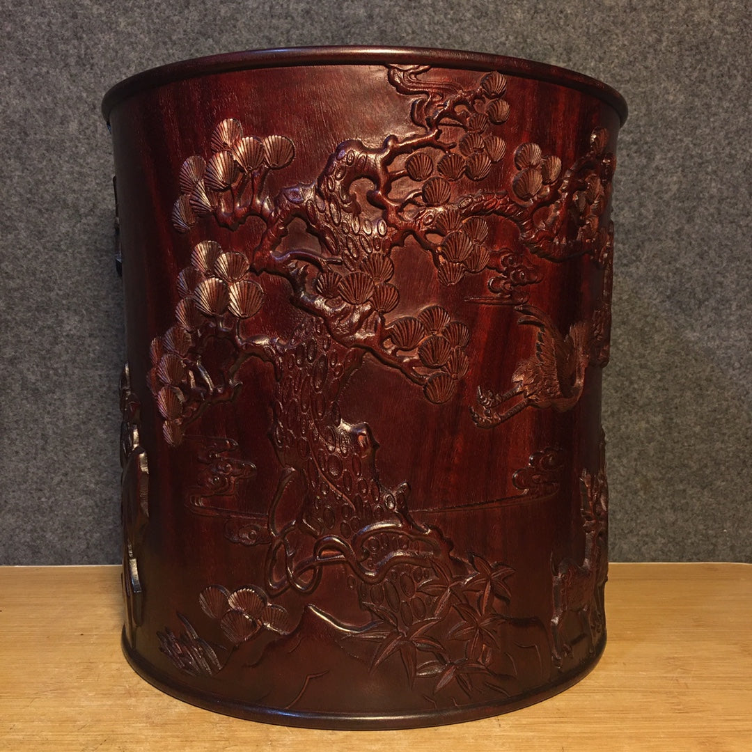 A0664 Vintage Chinese Huanghuali Wood Low Relief Figures Design Brush Pot