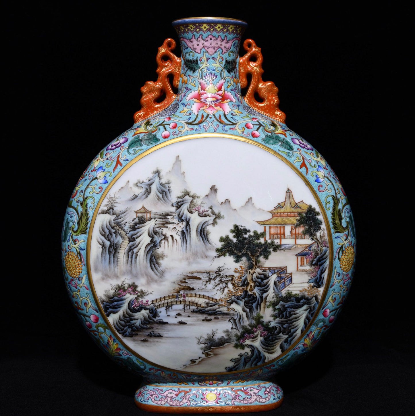 A0673 Chinese Gilt Edge Famille Rose Mountain River Scene Design Porcelain Vase