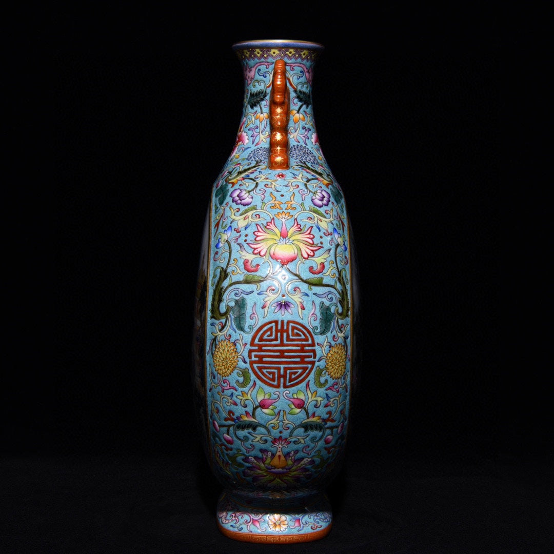 A0673 Chinese Gilt Edge Famille Rose Mountain River Scene Design Porcelain Vase