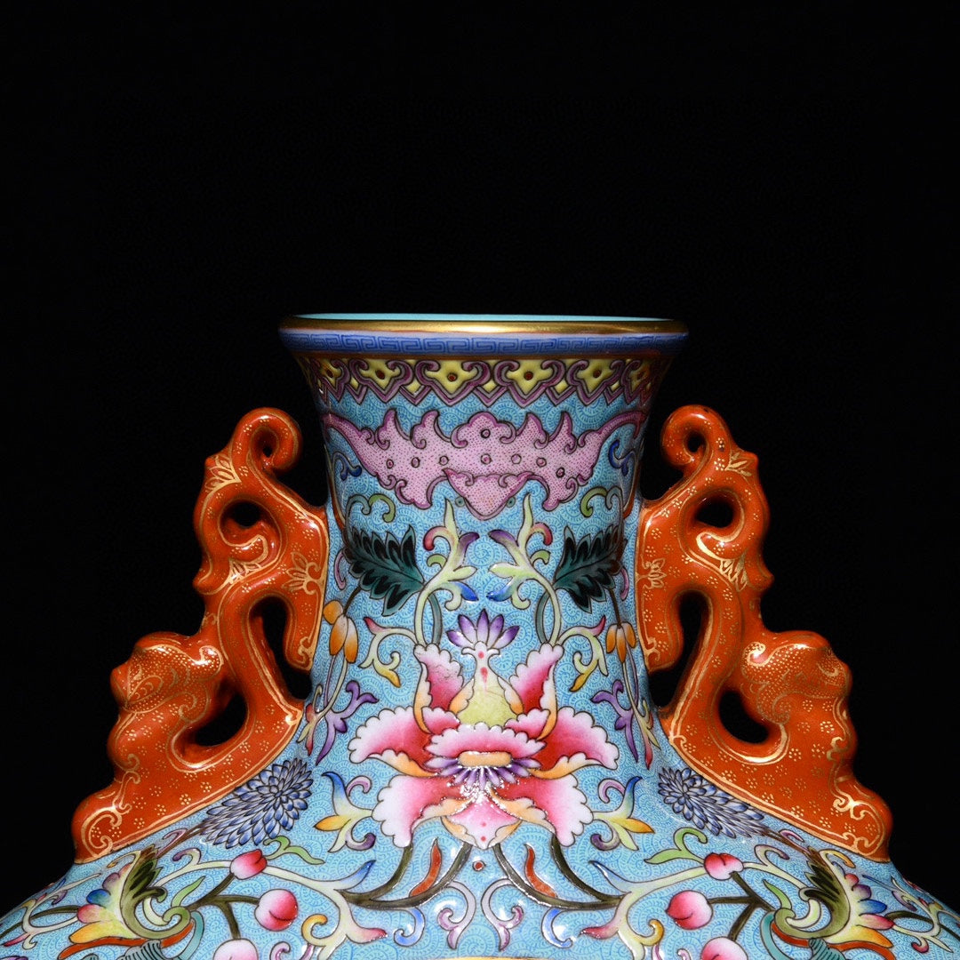 A0673 Chinese Gilt Edge Famille Rose Mountain River Scene Design Porcelain Vase