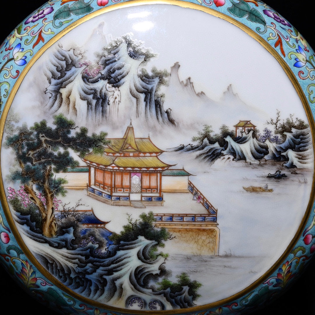 A0673 Chinese Gilt Edge Famille Rose Mountain River Scene Design Porcelain Vase