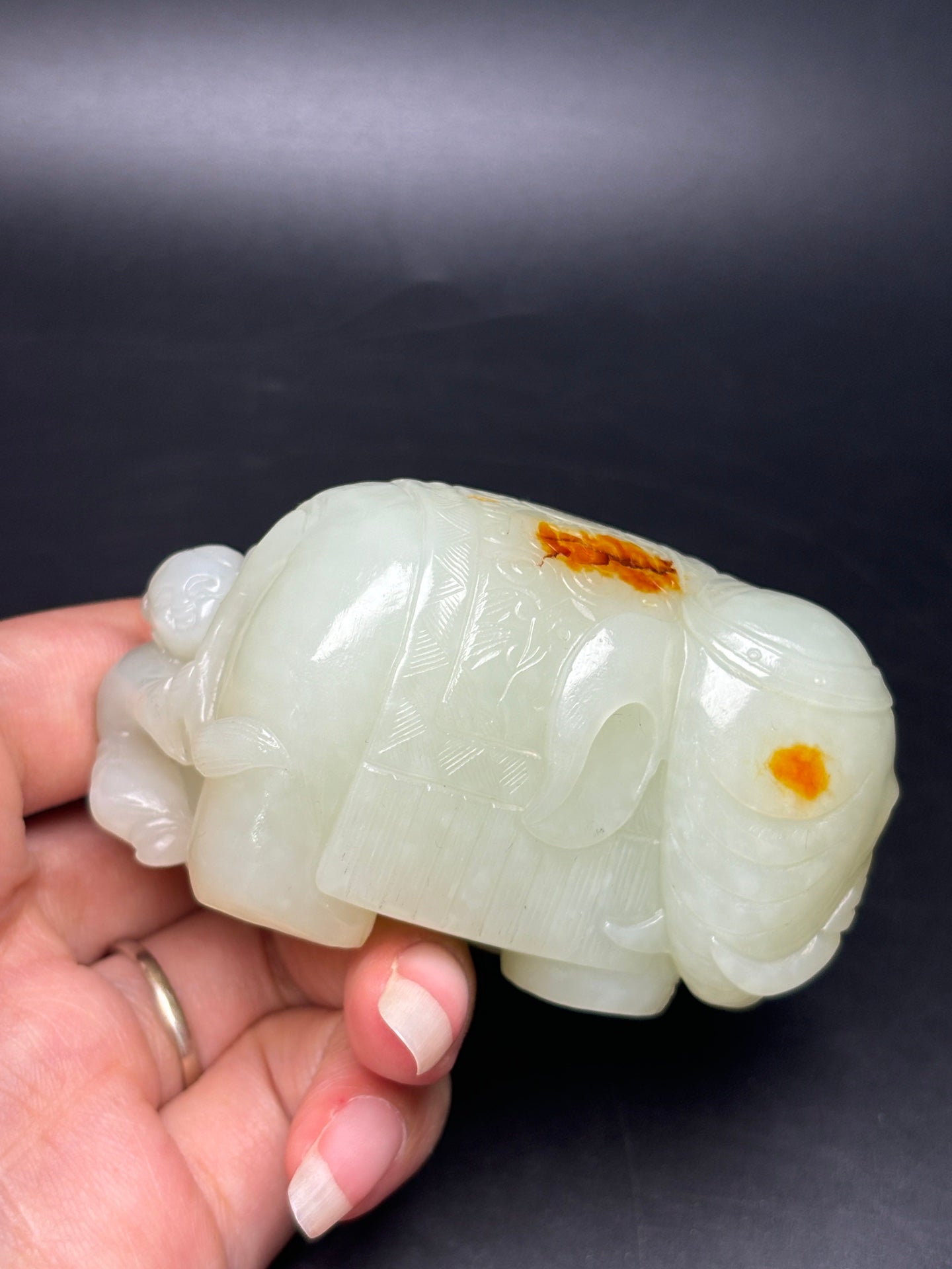A0685 Superb Chinese Hetian Jade Carved Elephant & Kid Statue