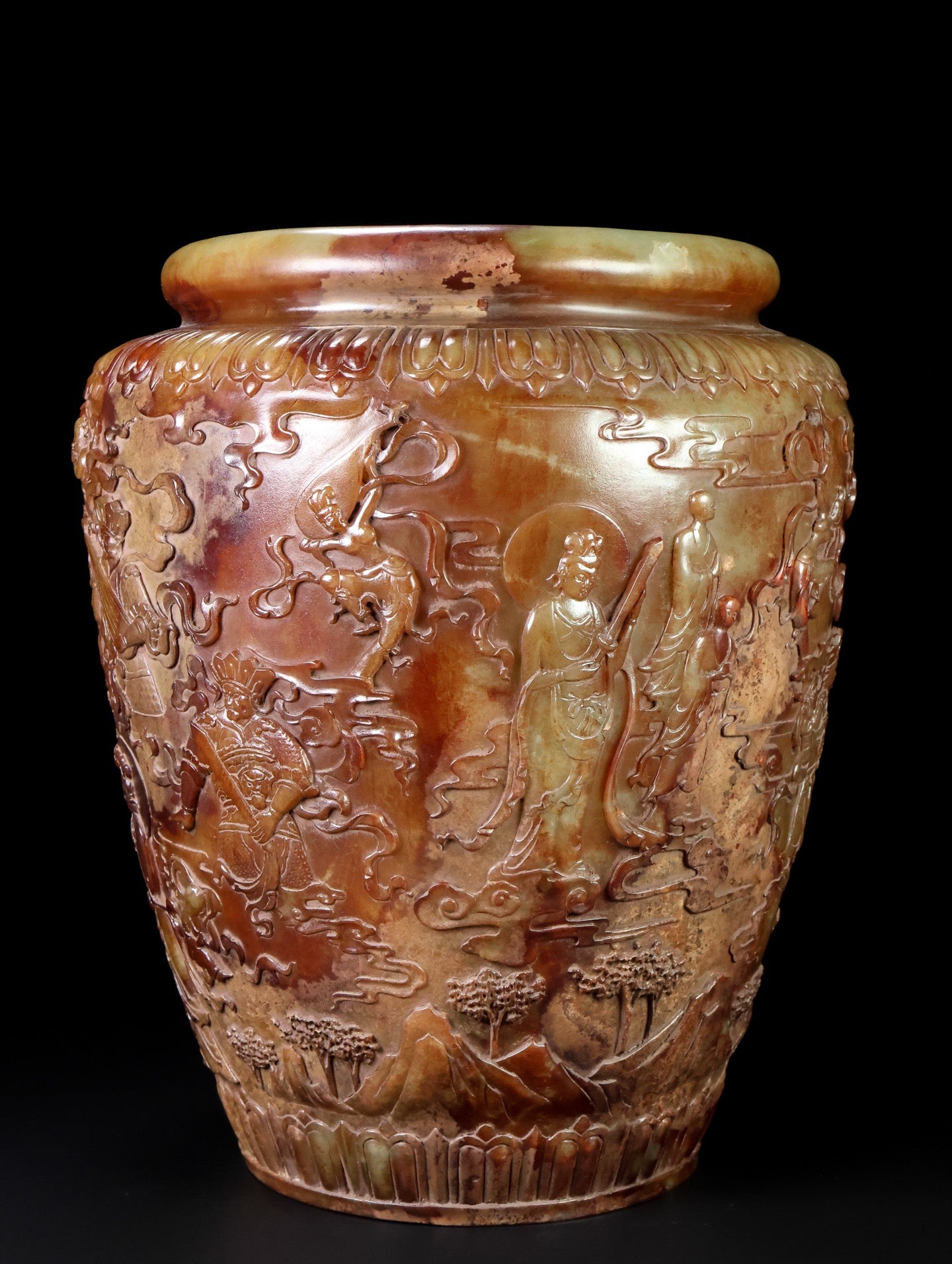 A0691 High Quality Vintage Chinese Hetian Jade Low Relief Mythical Figure Design Pot