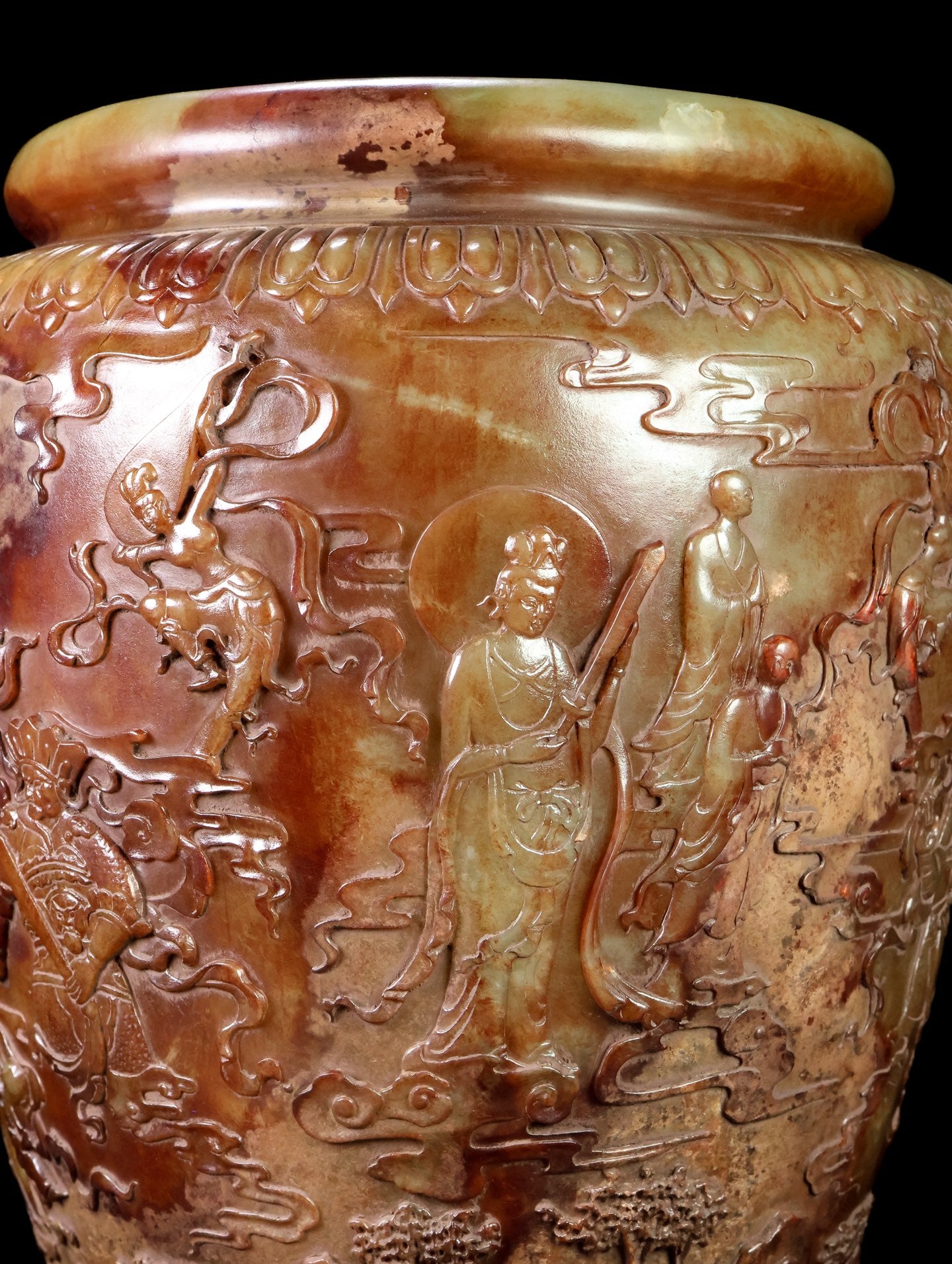 A0691 High Quality Vintage Chinese Hetian Jade Low Relief Mythical Figure Design Pot