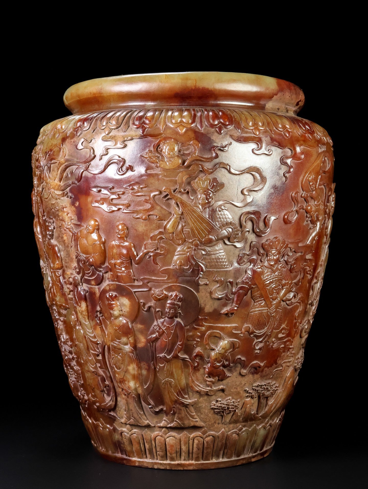 A0691 High Quality Vintage Chinese Hetian Jade Low Relief Mythical Figure Design Pot