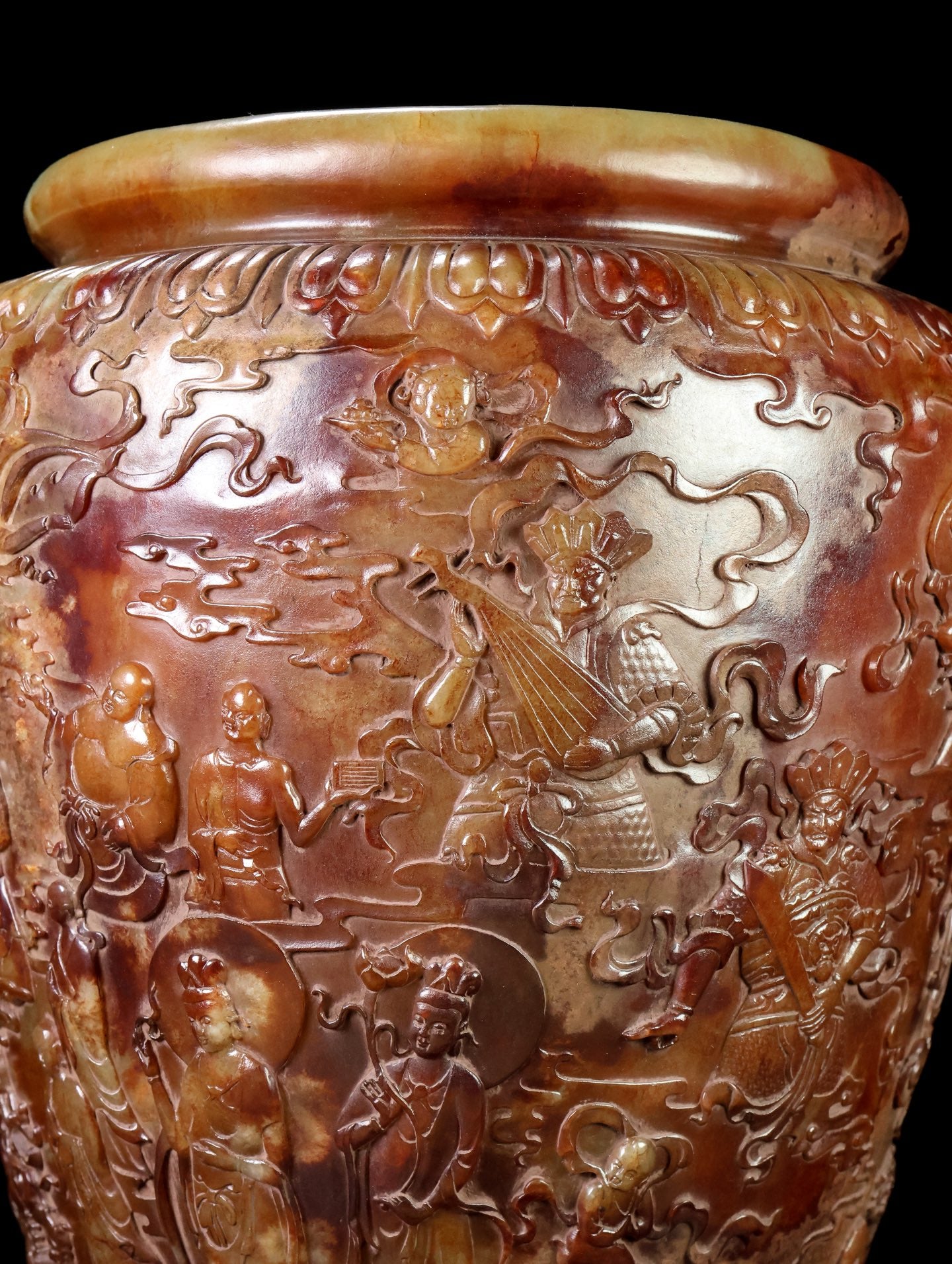 A0691 High Quality Vintage Chinese Hetian Jade Low Relief Mythical Figure Design Pot