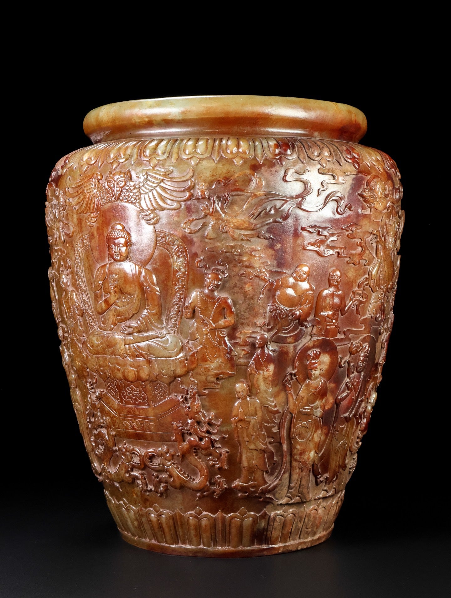 A0691 High Quality Vintage Chinese Hetian Jade Low Relief Mythical Figure Design Pot