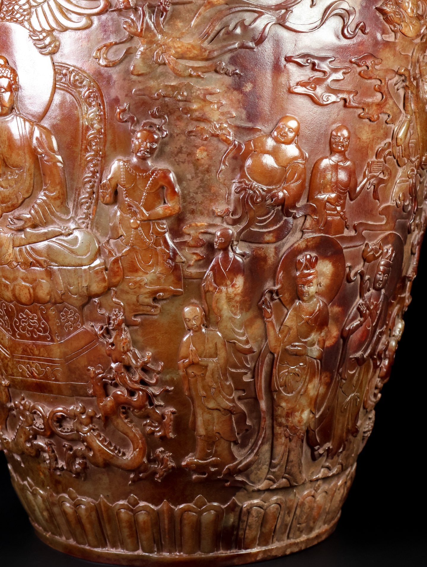 A0691 High Quality Vintage Chinese Hetian Jade Low Relief Mythical Figure Design Pot
