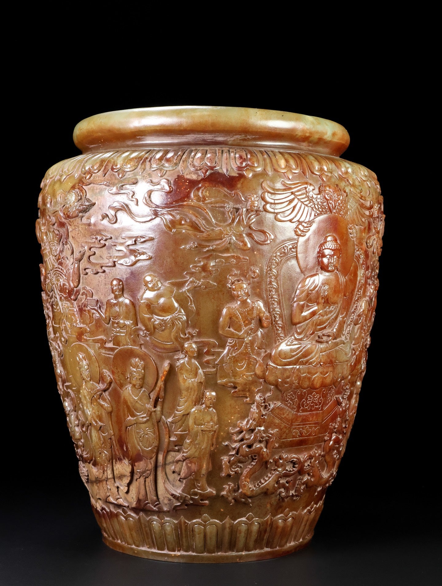 A0691 High Quality Vintage Chinese Hetian Jade Low Relief Mythical Figure Design Pot