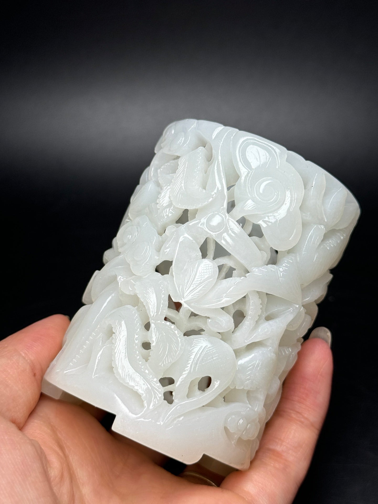 A0694 Openwork Chinese White Hetian Jade Carved Crane Brush Pot