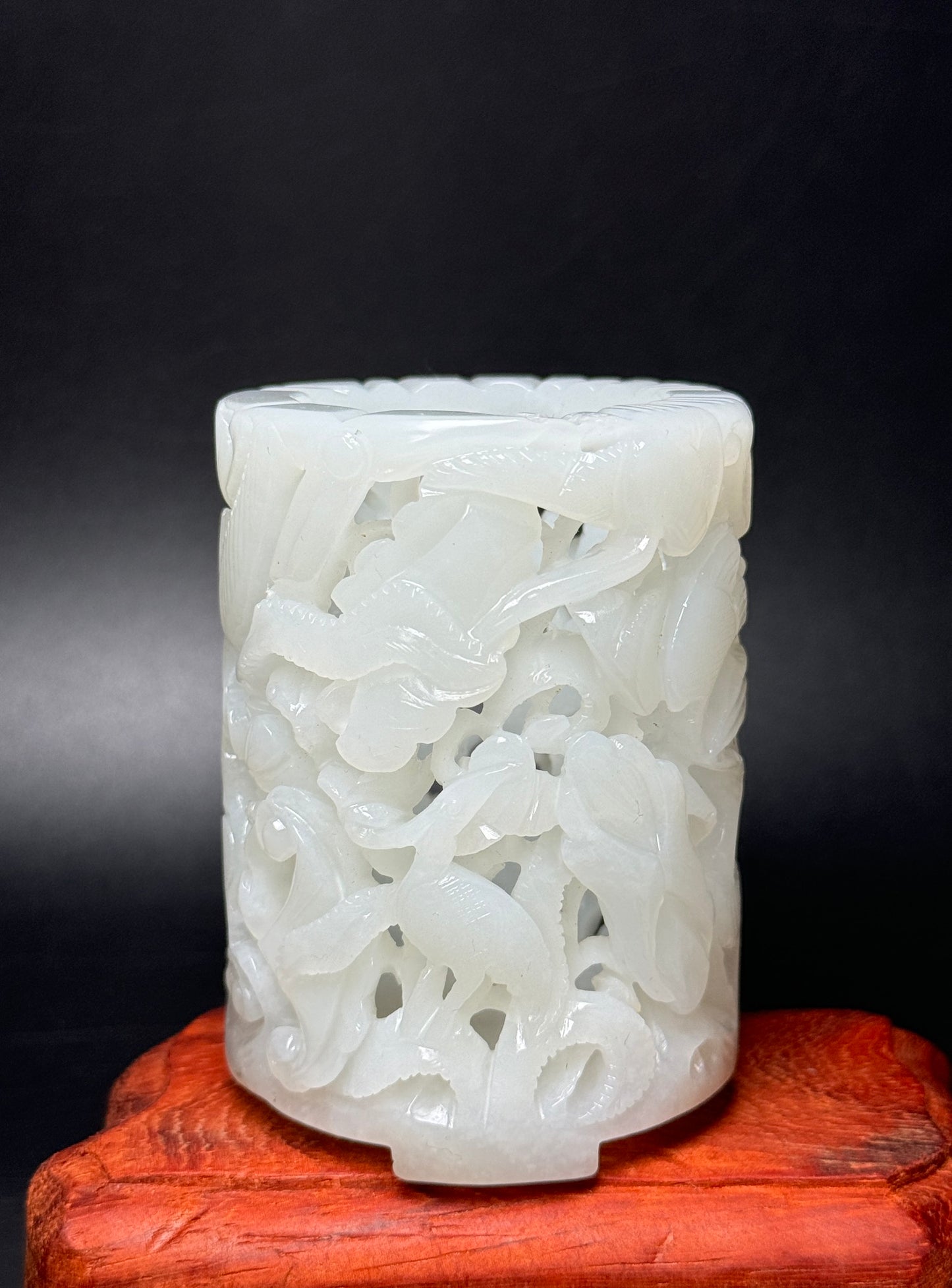 A0694 Openwork Chinese White Hetian Jade Carved Crane Brush Pot