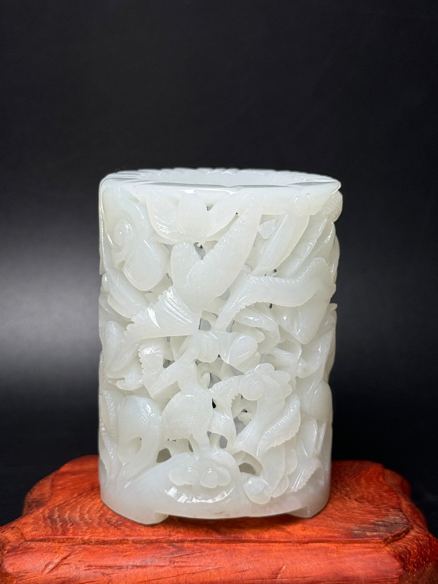 A0694 Openwork Chinese White Hetian Jade Carved Crane Brush Pot