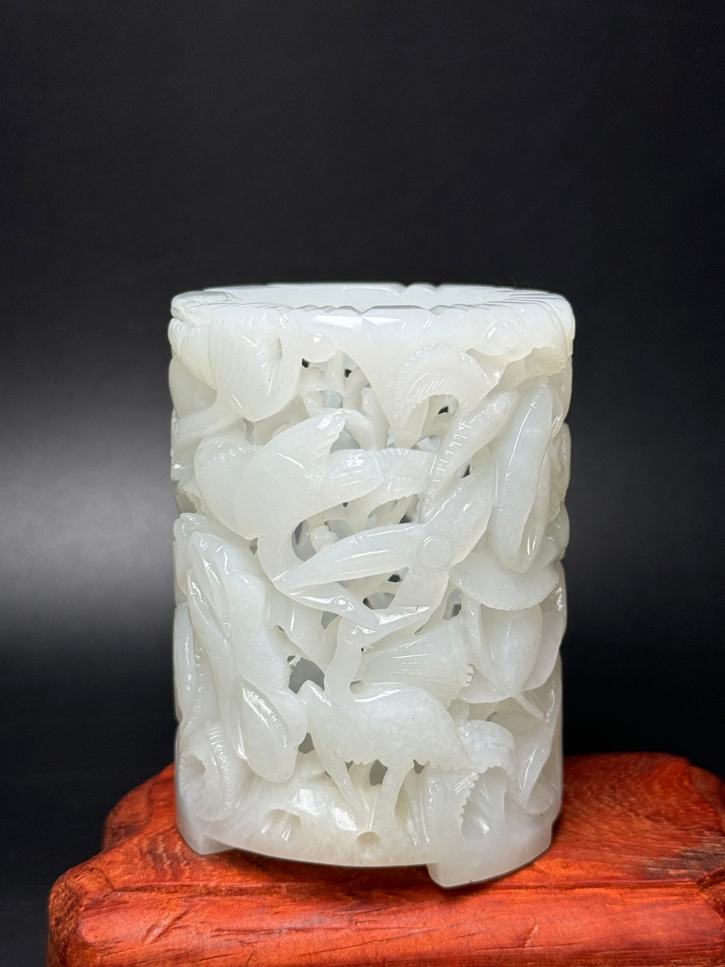 A0694 Openwork Chinese White Hetian Jade Carved Crane Brush Pot