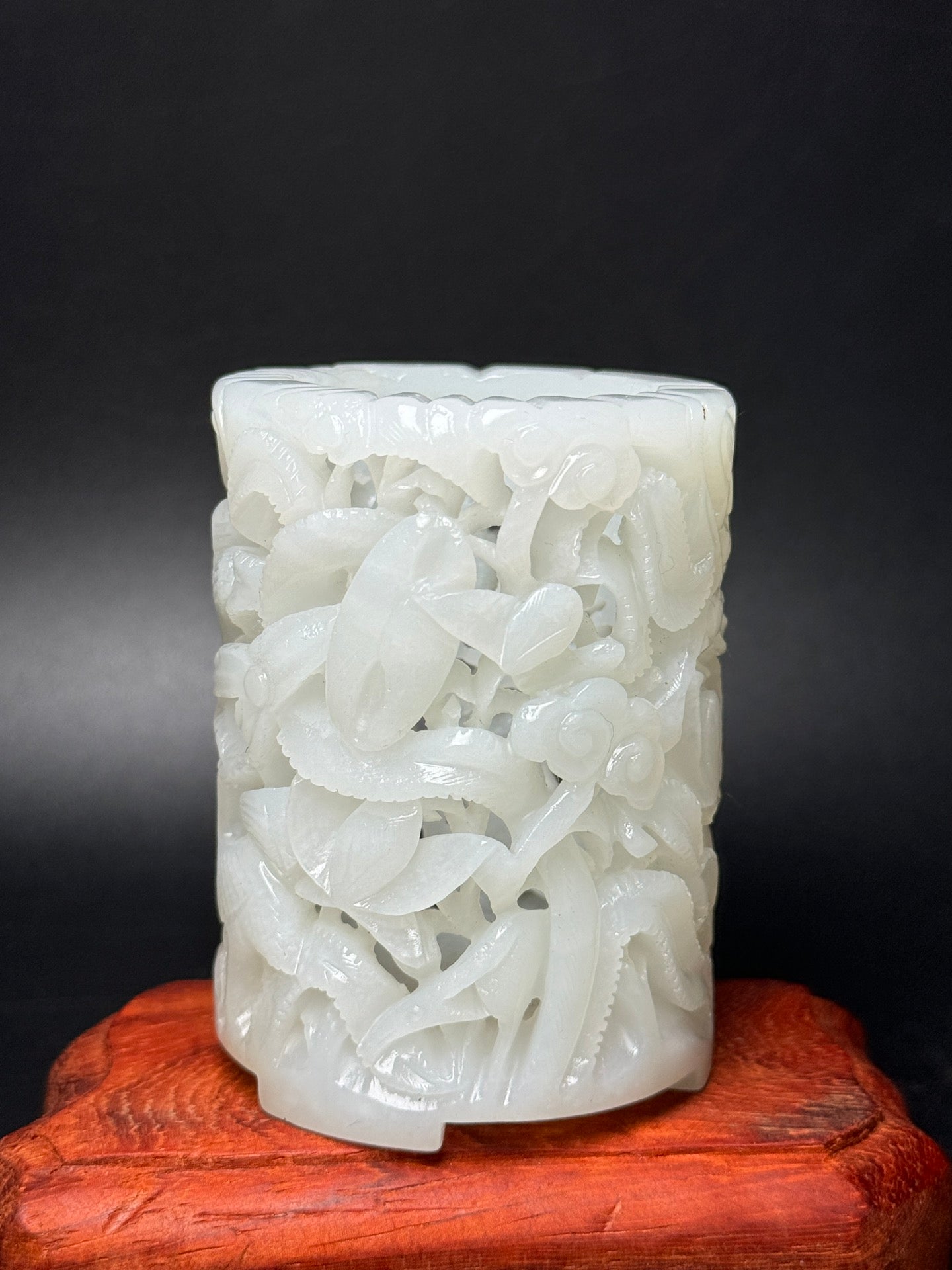 A0694 Openwork Chinese White Hetian Jade Carved Crane Brush Pot
