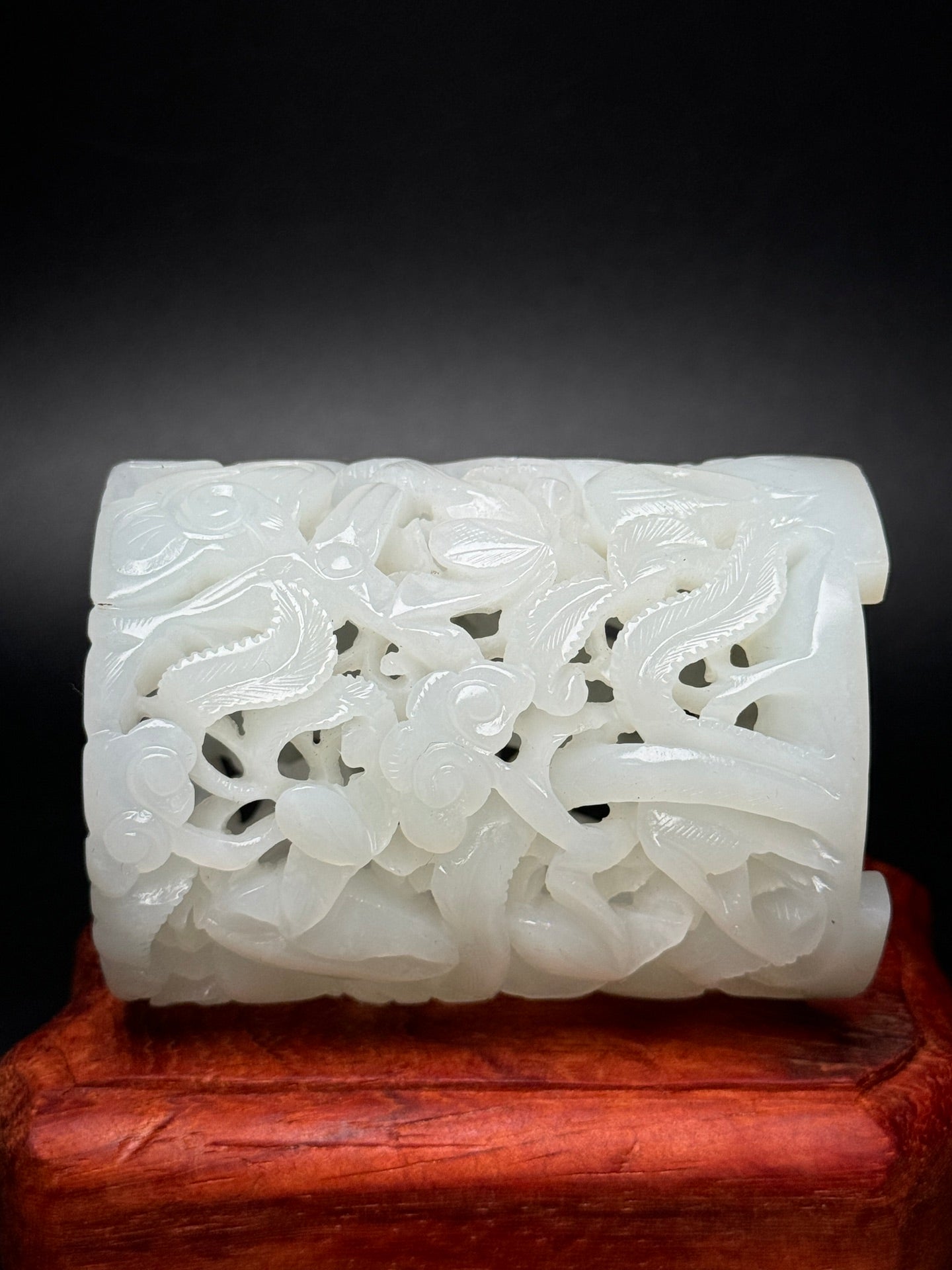 A0694 Openwork Chinese White Hetian Jade Carved Crane Brush Pot