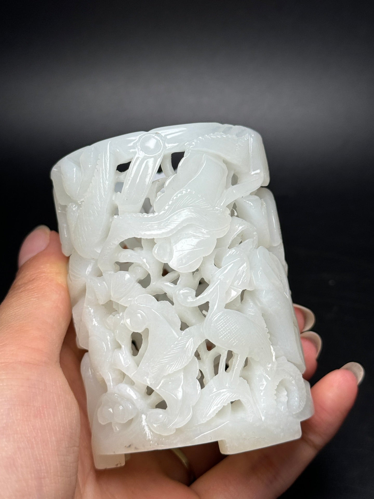 A0694 Openwork Chinese White Hetian Jade Carved Crane Brush Pot