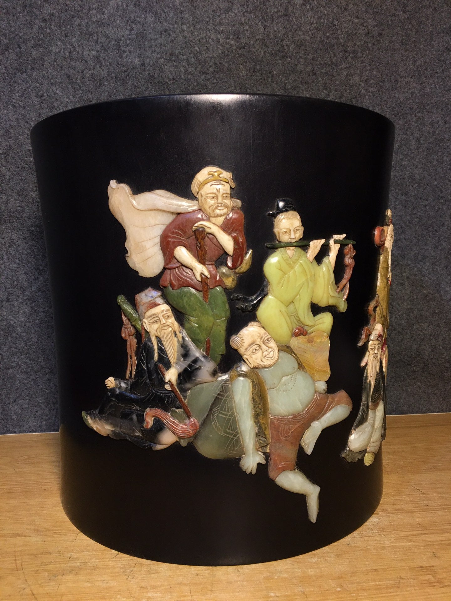A0696 Chinese Zitan Wood Inlay Shoushan Stone Eight Taoism Deity Design Brush Pot
