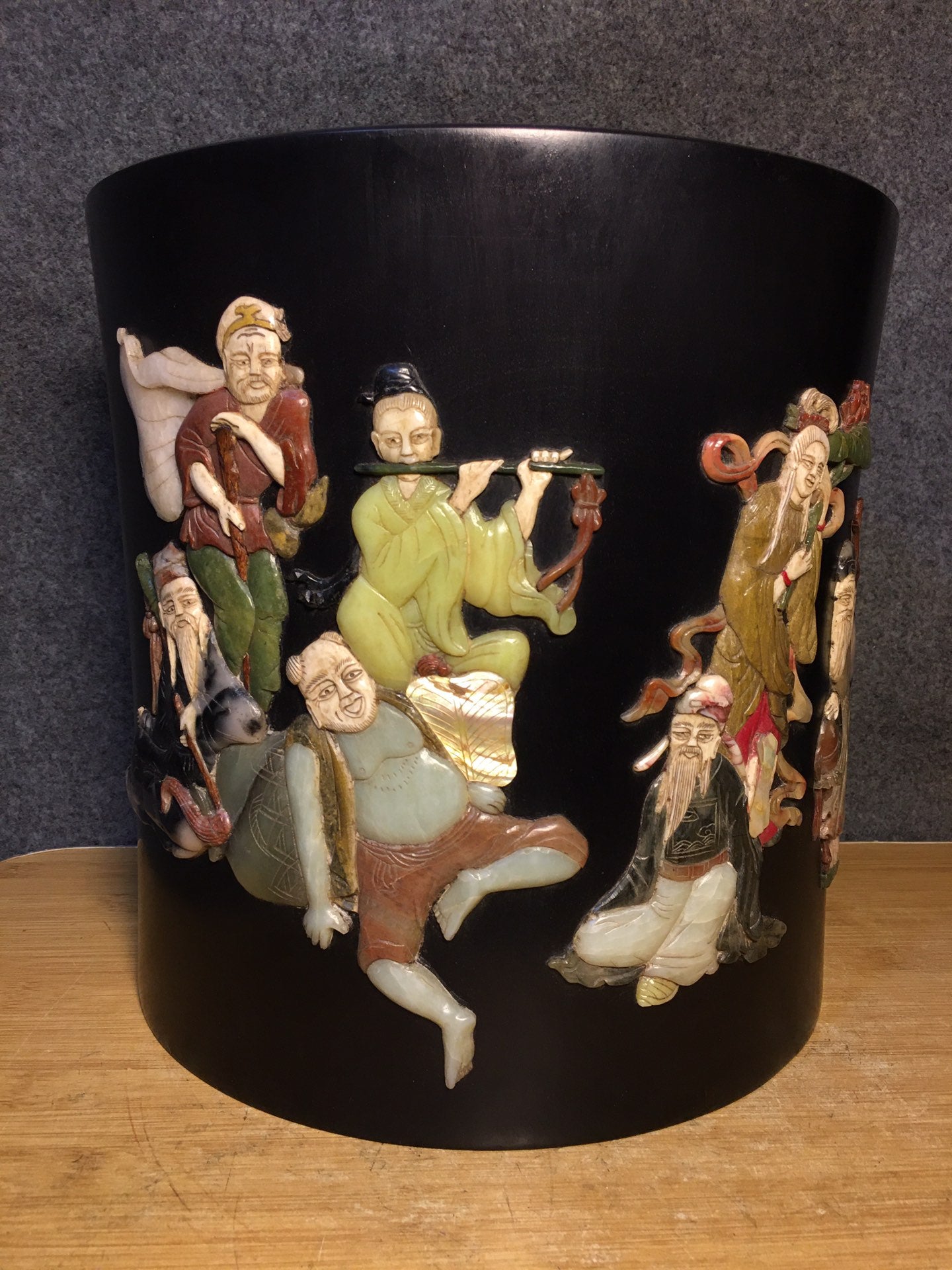A0696 Chinese Zitan Wood Inlay Shoushan Stone Eight Taoism Deity Design Brush Pot
