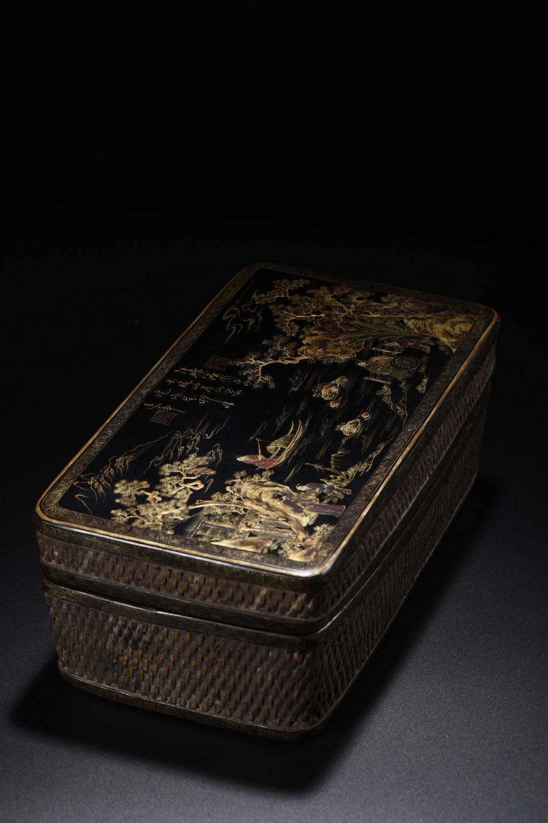 A0698 Chinese Gilt Gold Wooden-cored Lacquerware Figure & Boat & Kid Jewellery Box