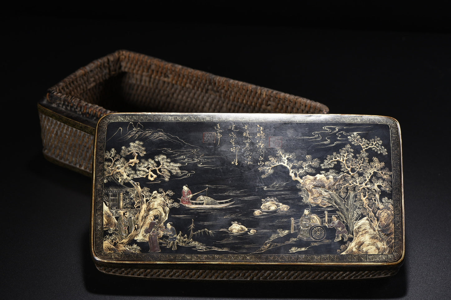A0698 Chinese Gilt Gold Wooden-cored Lacquerware Figure & Boat & Kid Jewellery Box