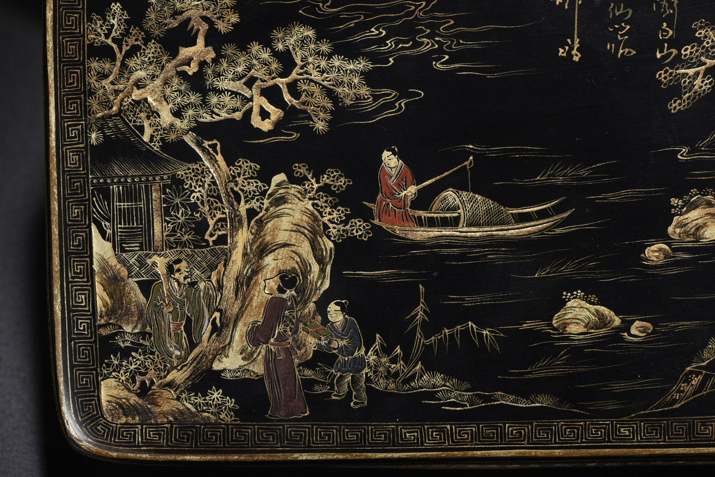 A0698 Chinese Gilt Gold Wooden-cored Lacquerware Figure & Boat & Kid Jewellery Box