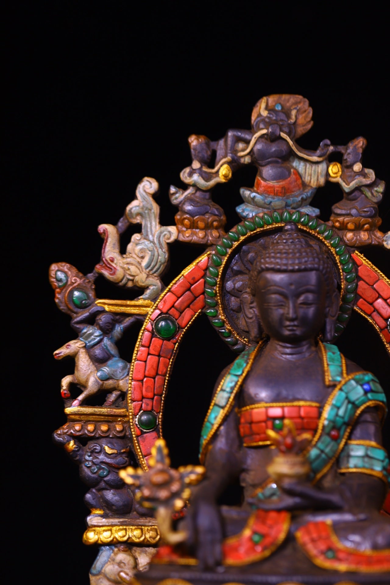 A0703 Tibetan Buddhism Copper Inlay DZI Agate & Turquoise & Gems Buddha Statue(复制)