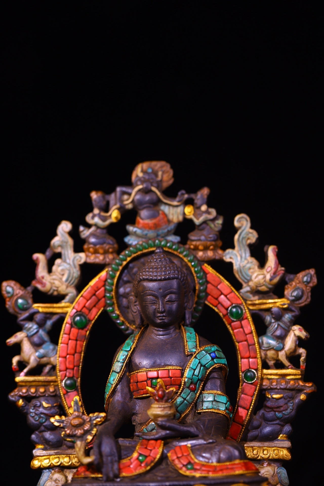 A0703 Tibetan Buddhism Copper Inlay DZI Agate & Turquoise & Gems Buddha Statue(复制)
