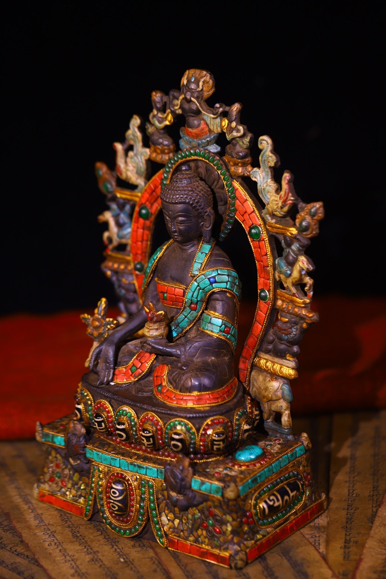 A0703 Tibetan Buddhism Copper Inlay DZI Agate & Turquoise & Gems Buddha Statue(复制)