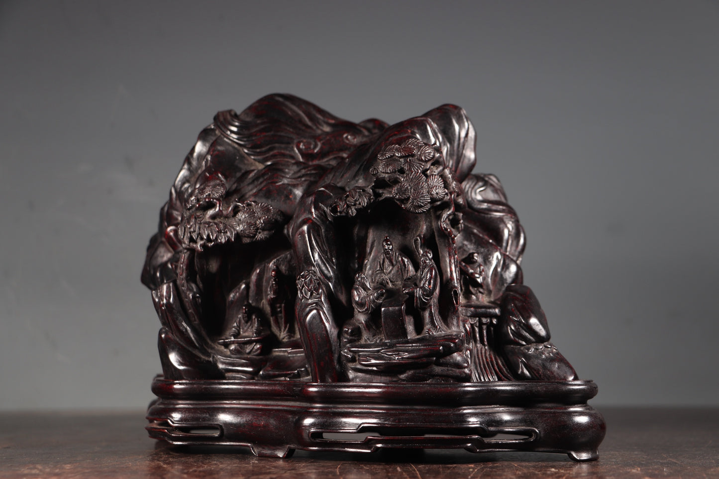 A0702 Vintage Chinese Chenxiang Wood Carved Pine Tree & Figure Statue