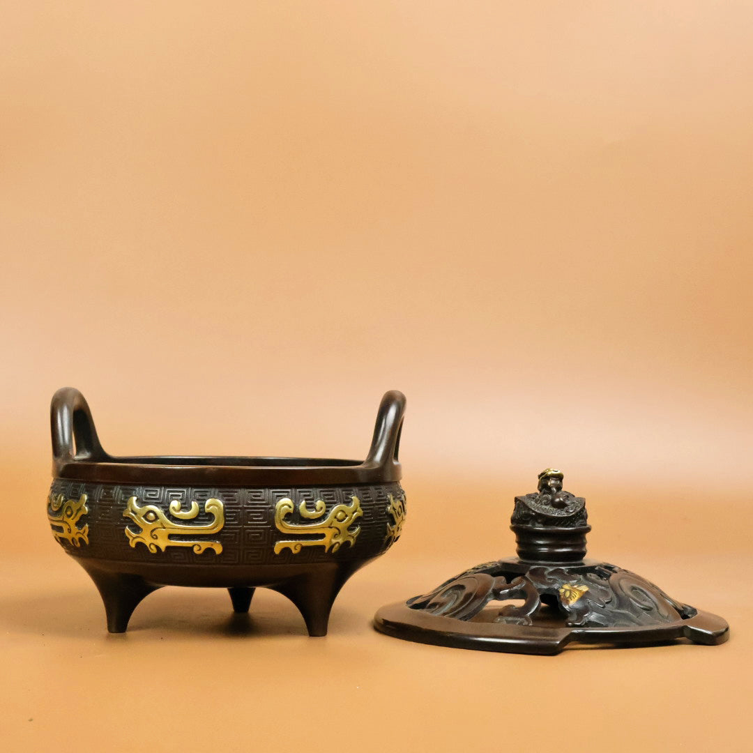 A0715 Vintage Chinese Gilt Gold Copper 3 Legs Double Ears Incense Burner