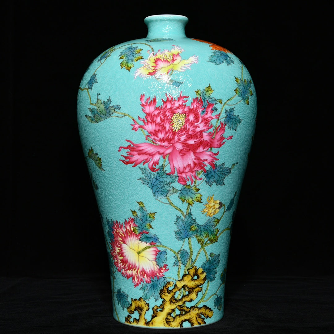 A0719 Chinese Turquoise Glaze Famille Rose Flowers Design Porcelain Vase