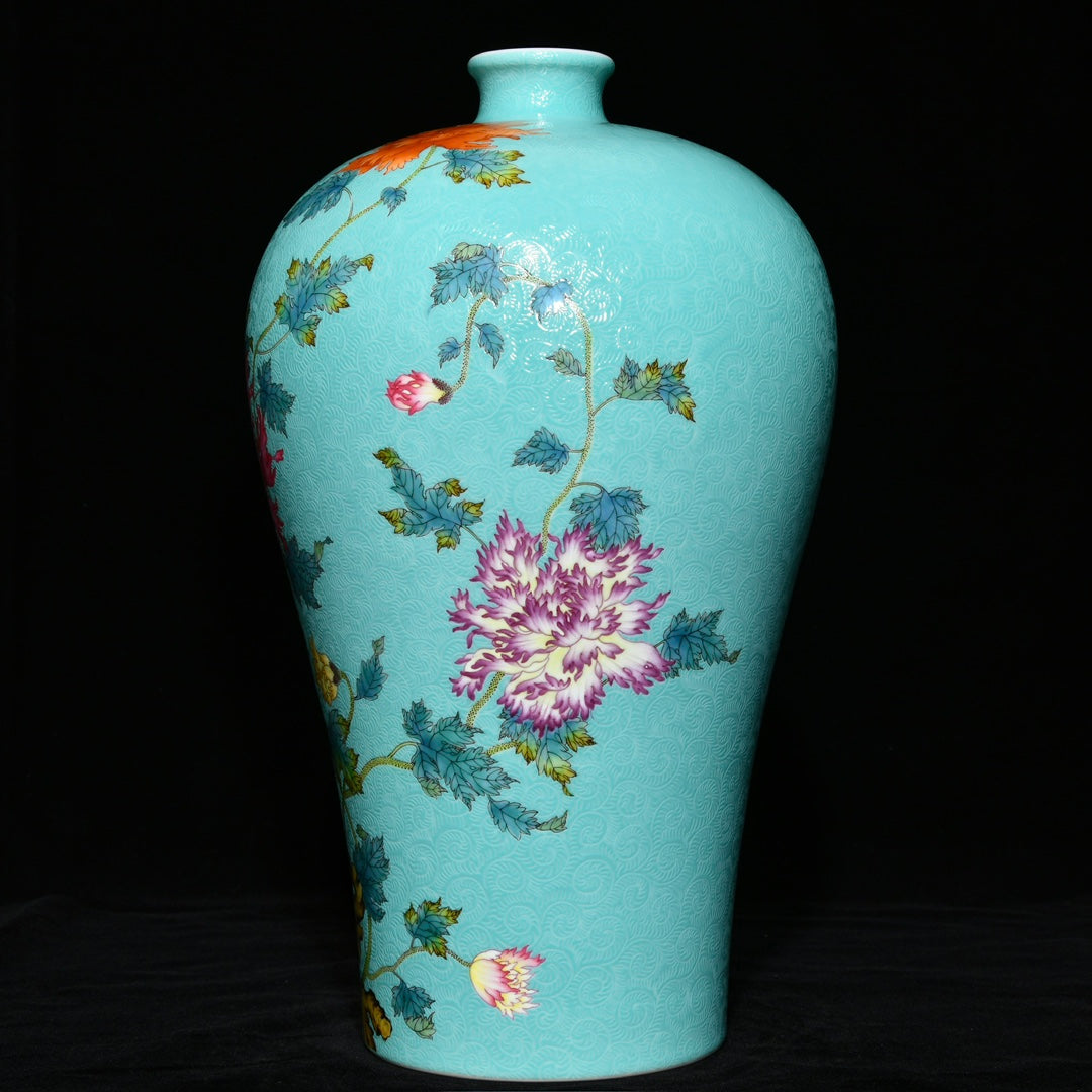 A0719 Chinese Turquoise Glaze Famille Rose Flowers Design Porcelain Vase