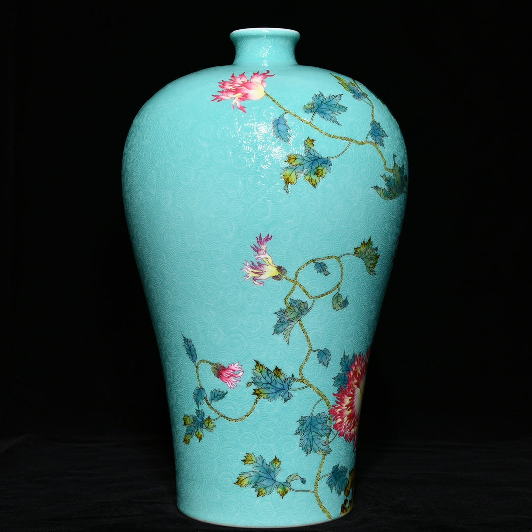 A0719 Chinese Turquoise Glaze Famille Rose Flowers Design Porcelain Vase