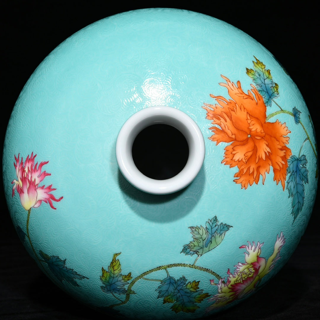 A0719 Chinese Turquoise Glaze Famille Rose Flowers Design Porcelain Vase