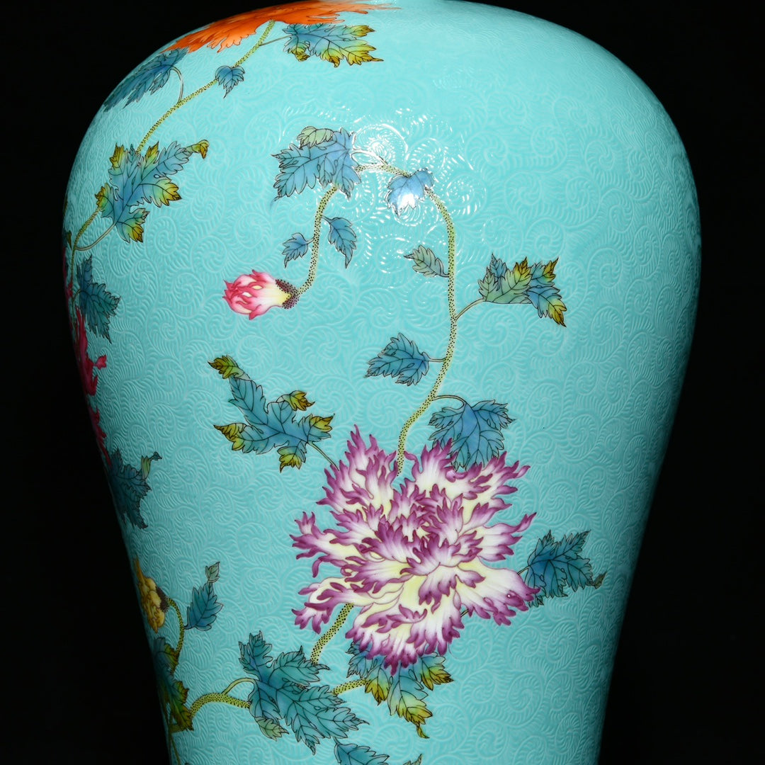 A0719 Chinese Turquoise Glaze Famille Rose Flowers Design Porcelain Vase
