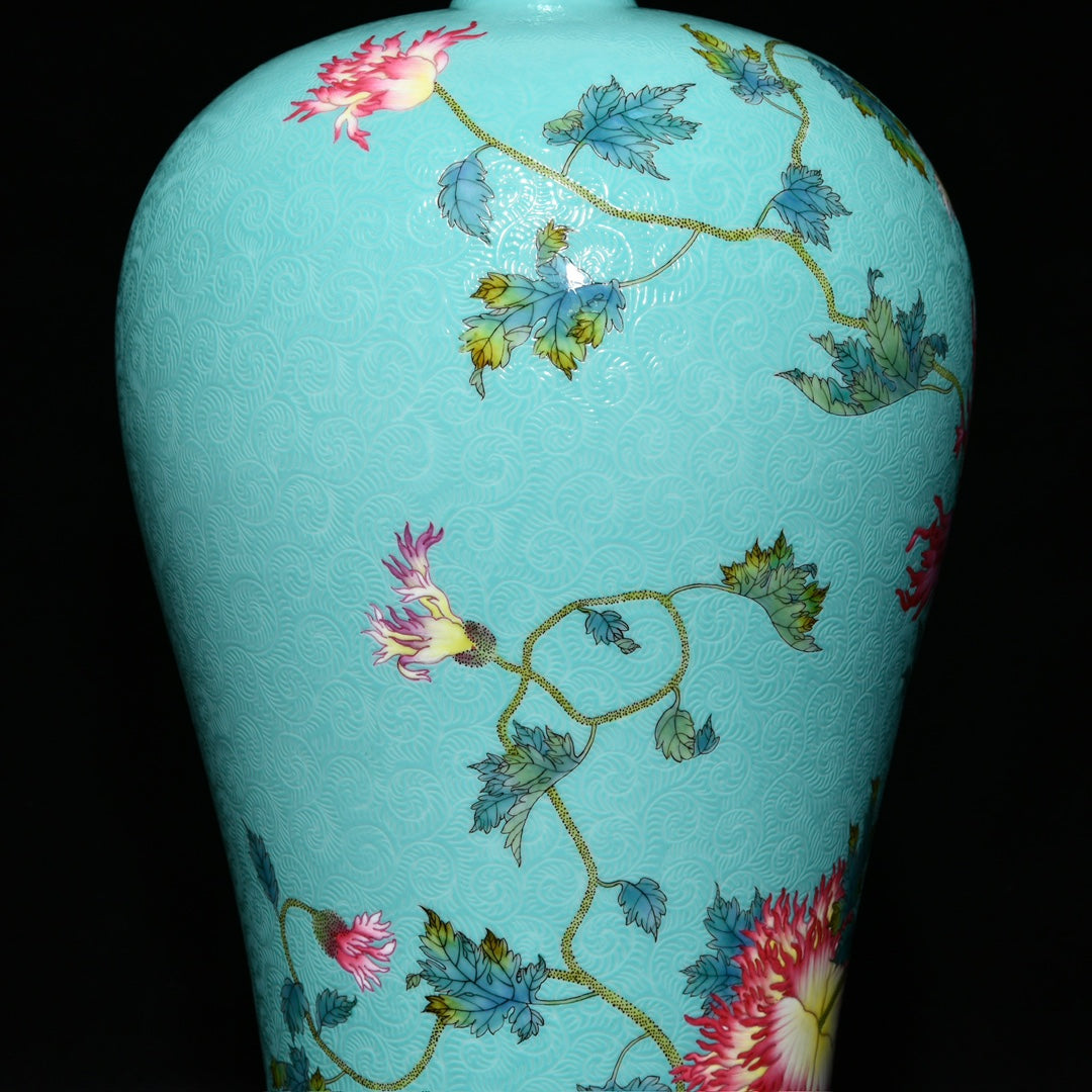 A0719 Chinese Turquoise Glaze Famille Rose Flowers Design Porcelain Vase