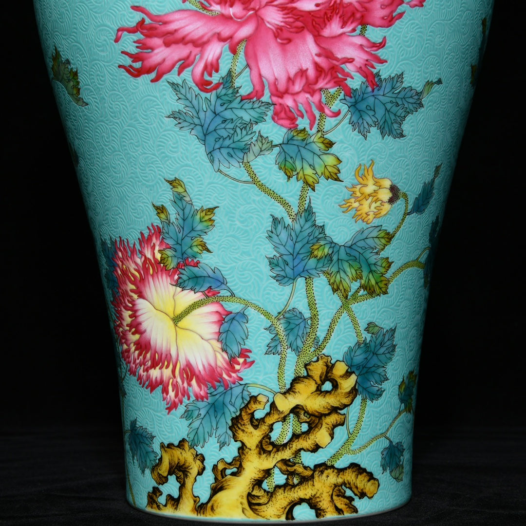 A0719 Chinese Turquoise Glaze Famille Rose Flowers Design Porcelain Vase
