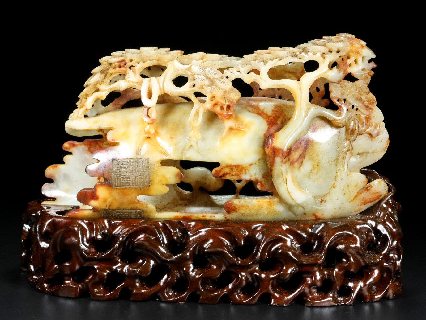 A0720 Vintage Chinese Hetian Jade Carved Pine Tree & Crane Statue