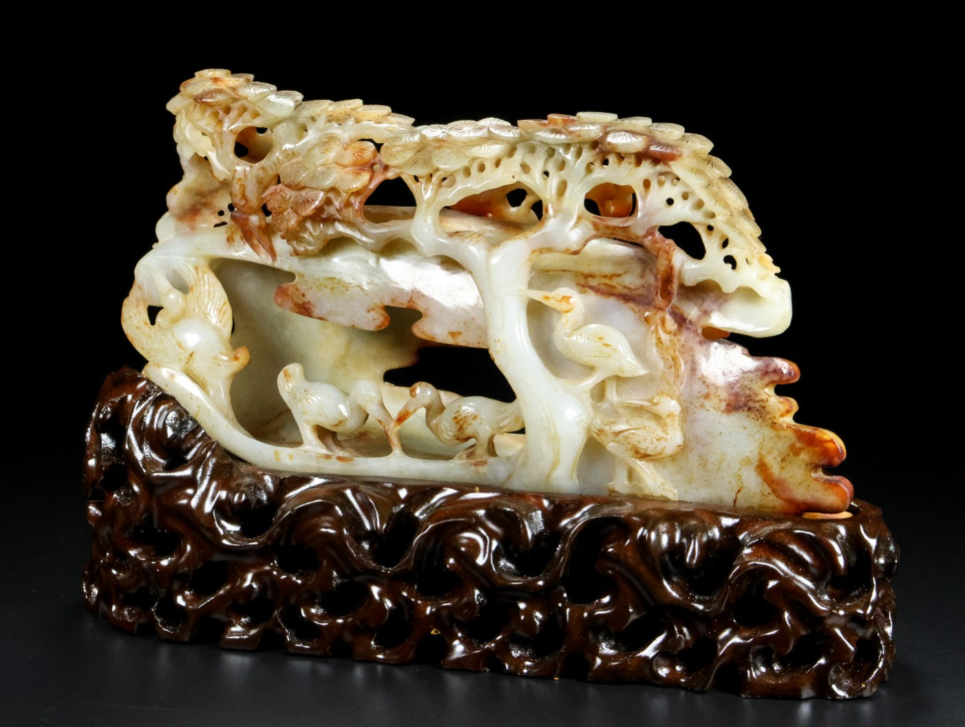A0720 Vintage Chinese Hetian Jade Carved Pine Tree & Crane Statue