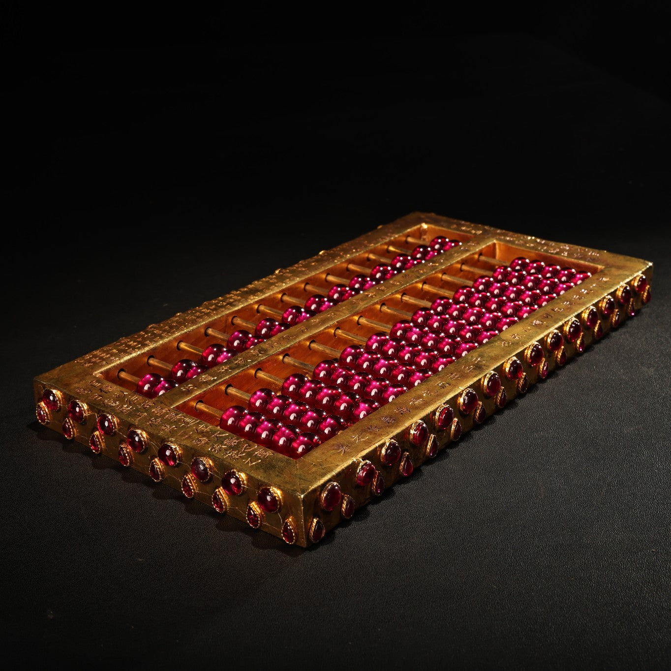 A0721 Vintage Chinese Gilt Gold Copper Inlay Red Gems Beads Abacus